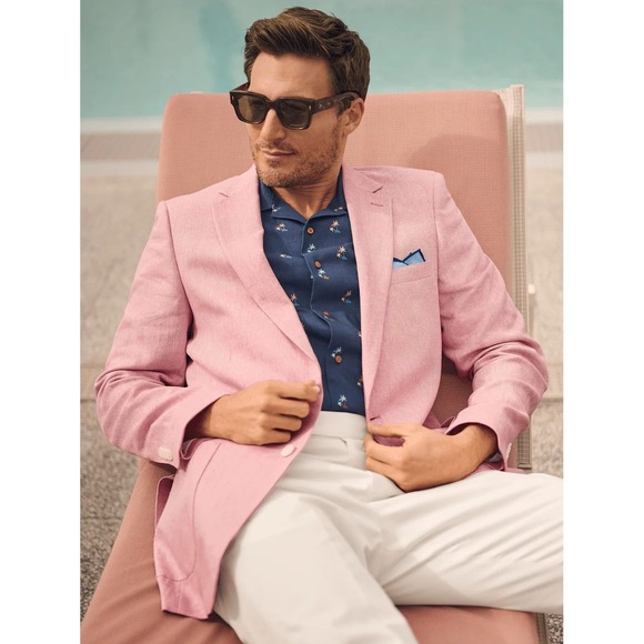 Paul Fredrick Watermelon Pink 100% Linen Blazer 46L Herringbone Coastal Preppy - Picture 1 of 16